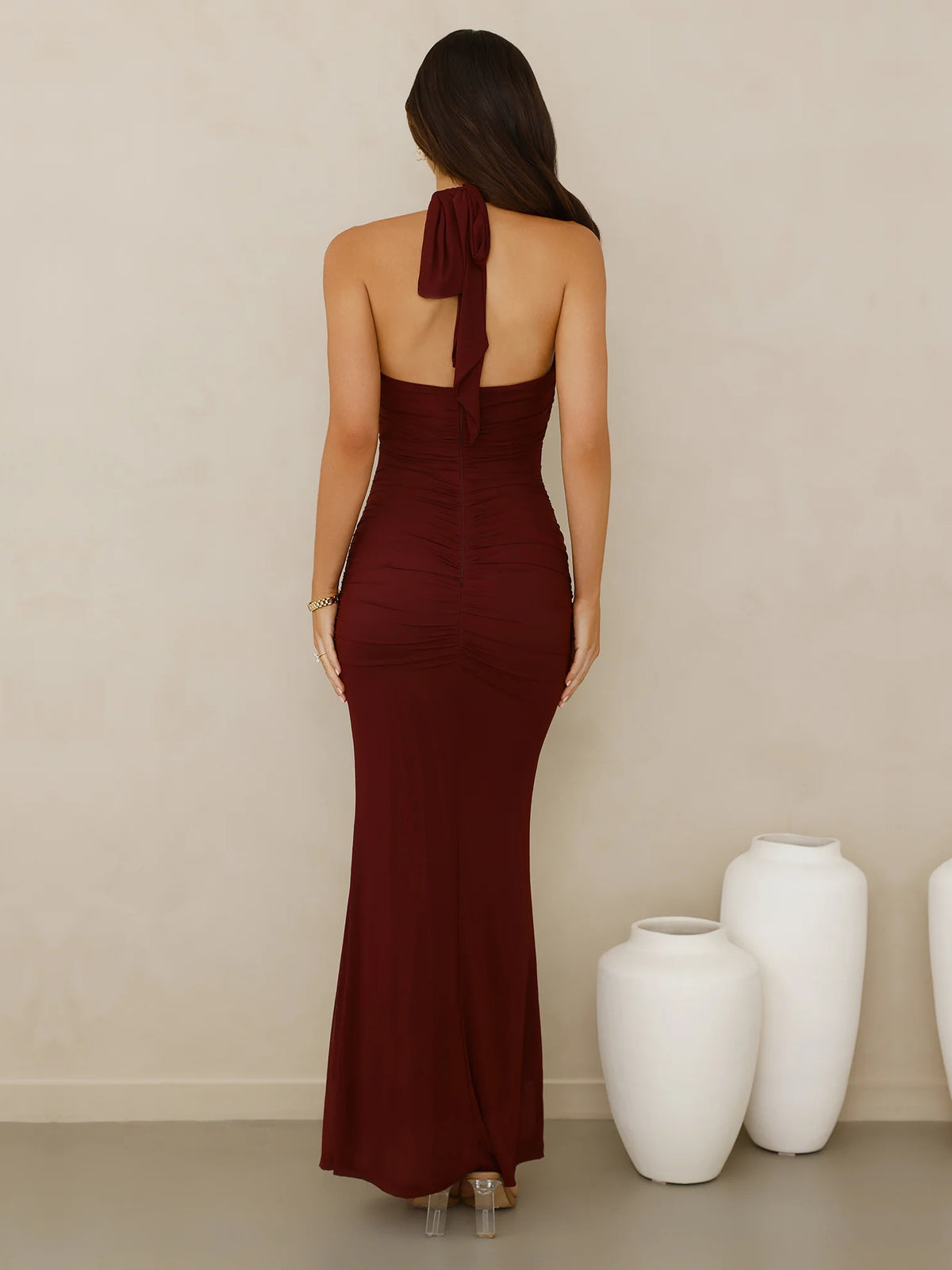 Burgundy sheath maxi formal dress with cutout detail, full-length back view