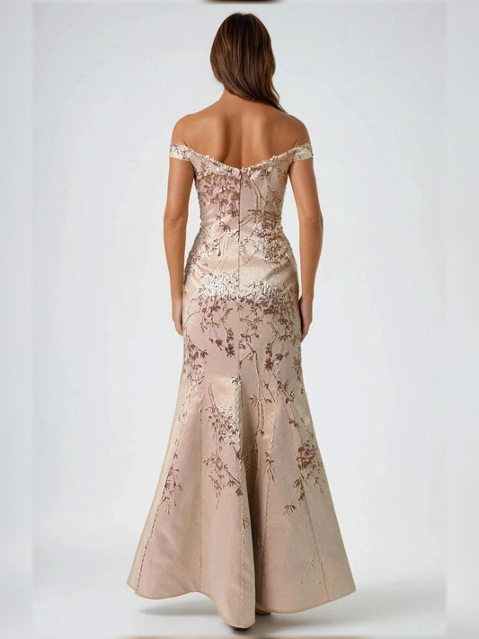 Champagne floor-length mother of the bride dress, alternate view showing the bodice and skirt
