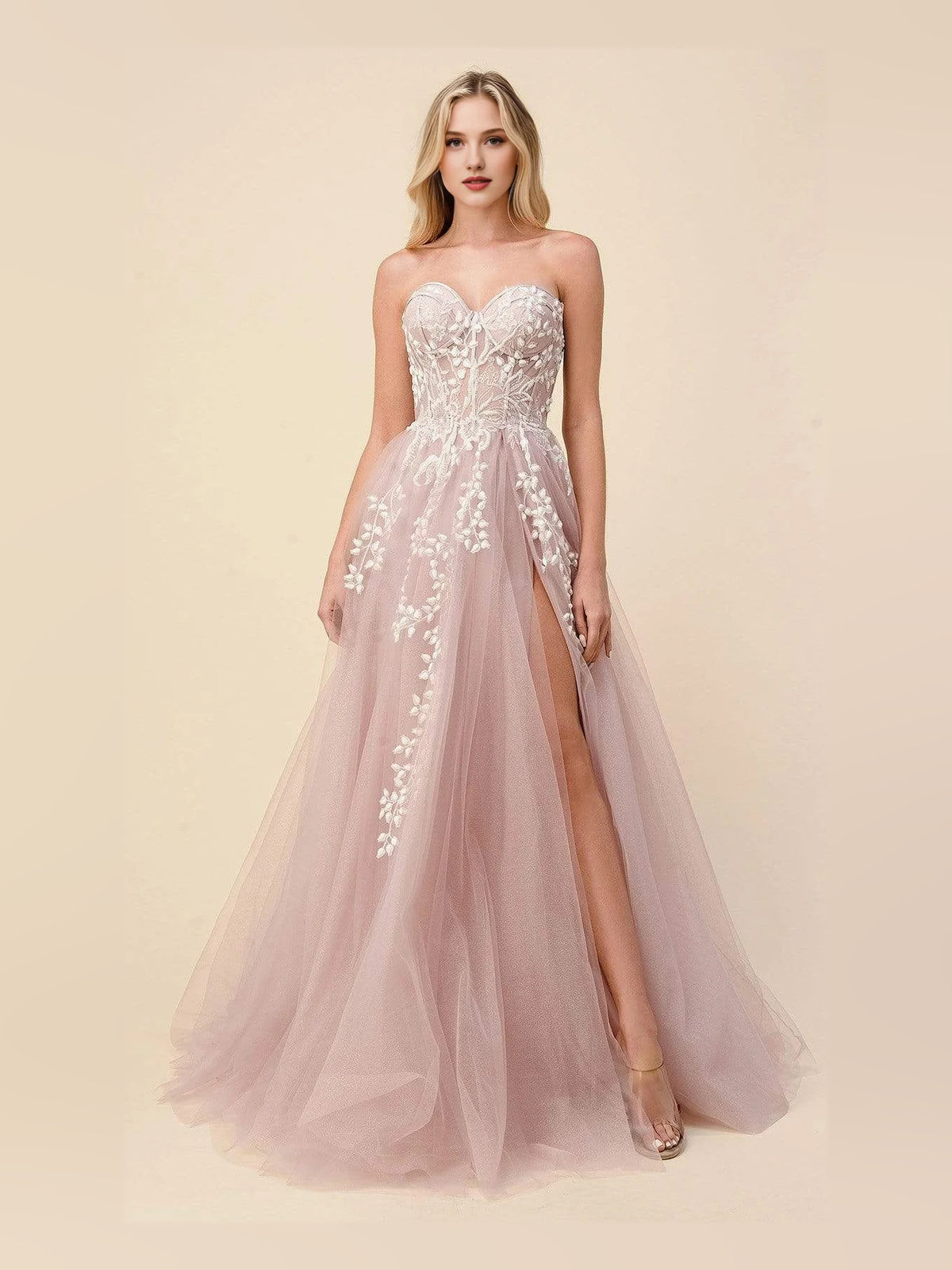 Dusty Rose floor-length prom dress, alternate view showing the bodice and skirt