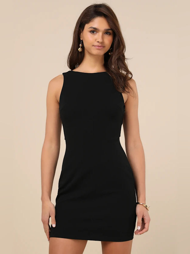 Black mini homecoming dress, alternate view showing the bodice and skirt