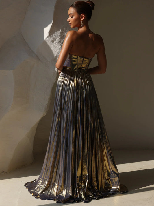 Gold a-line floor-length formal dress with corset-style bodice, alternate view
