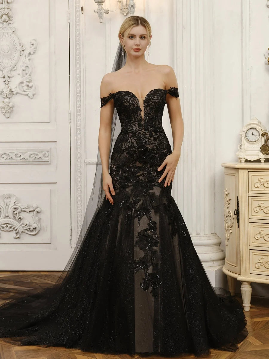 Black floor-length wedding dress, alternate view showing the bodice and skirt