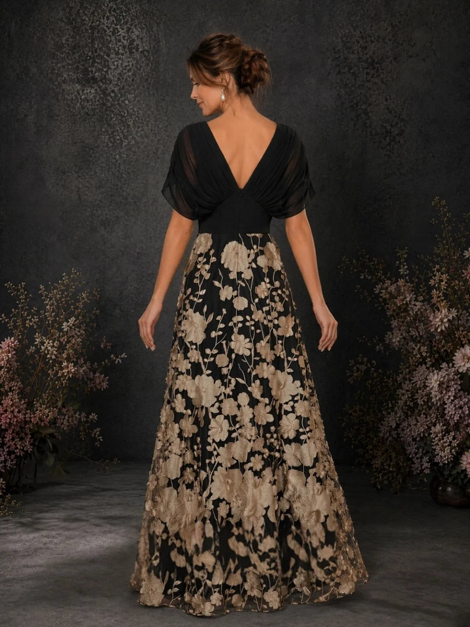 Black floor-length mother of the bride dress, alternate view showing the bodice and skirt