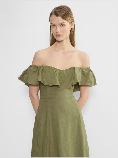 Gold midi formal dress with off-the-shoulder neckline, alternate view
