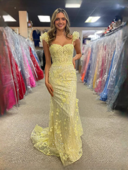 Yellow maxi prom dress, alternate view showing the bodice and skirt