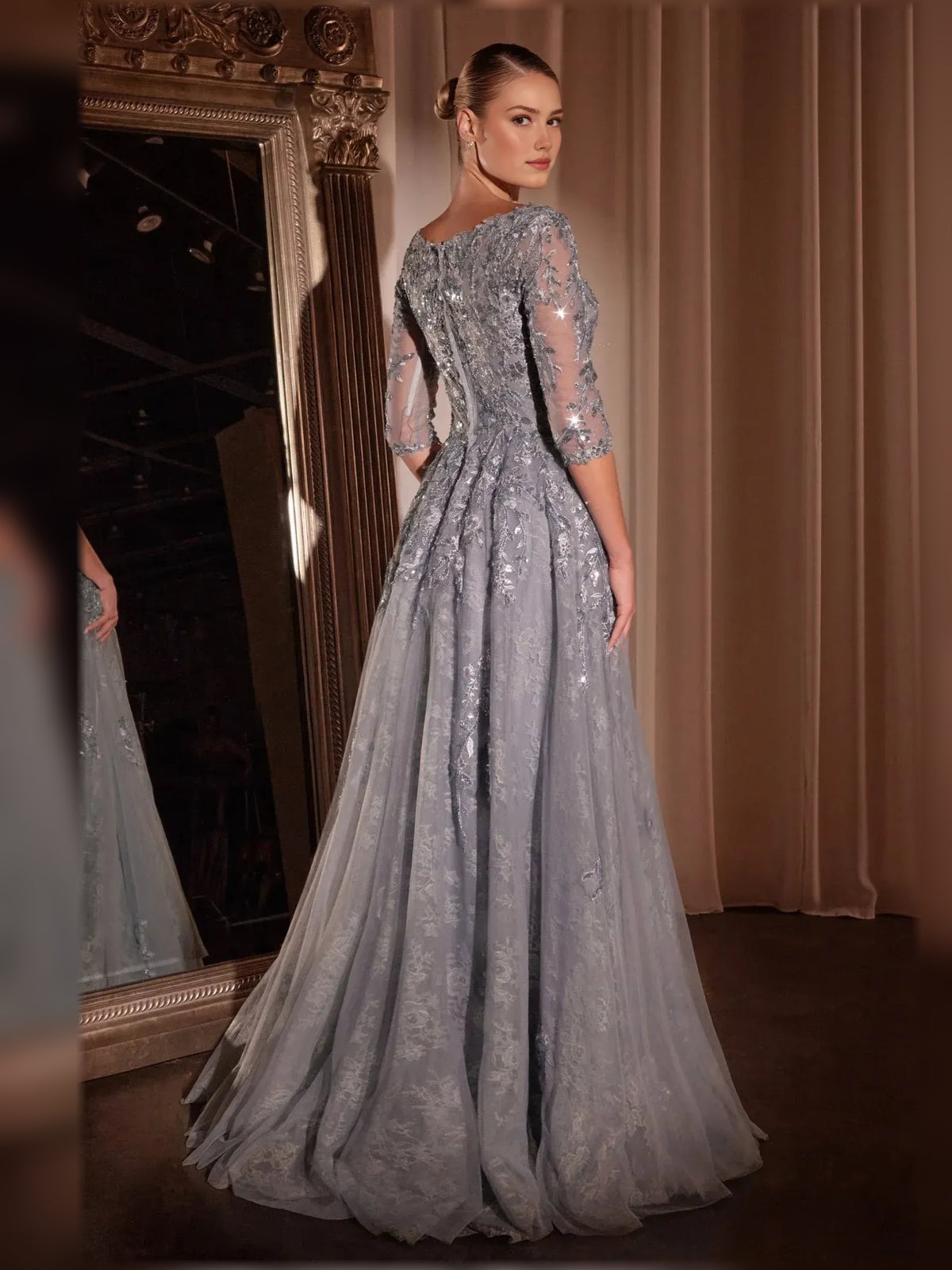 Silver a-line floor-length formal dress with beading, alternate view