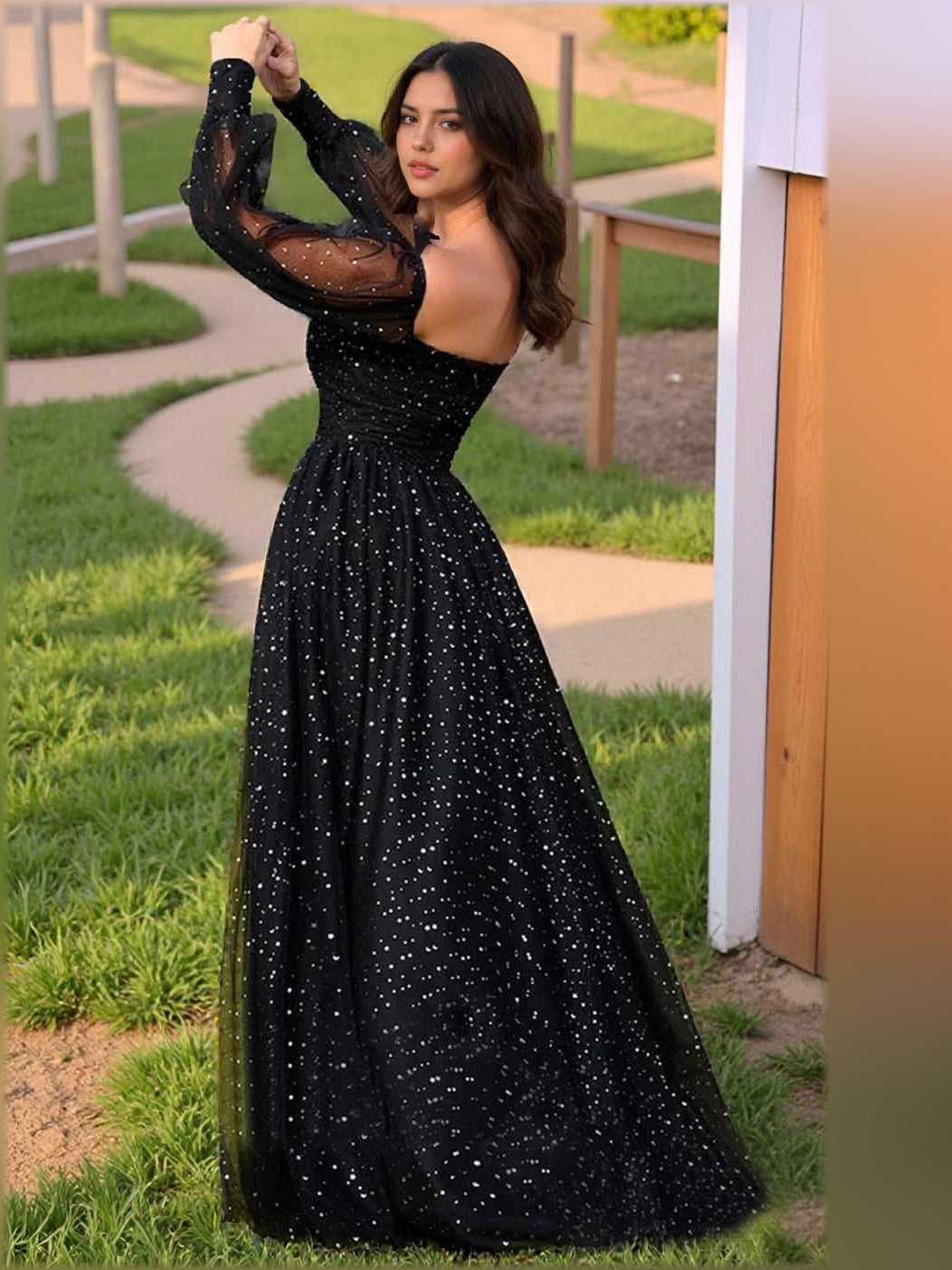 Lavender a-line floor-length formal dress with corset-style bodice, alternate view