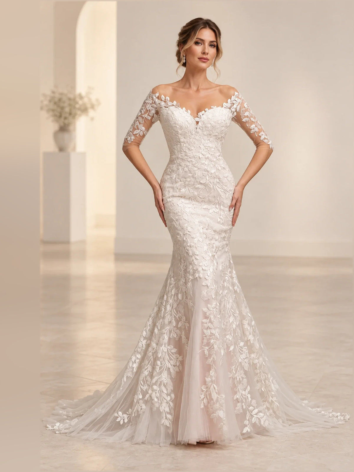 Ivory floor-length wedding dress, alternate view showing the bodice and skirt
