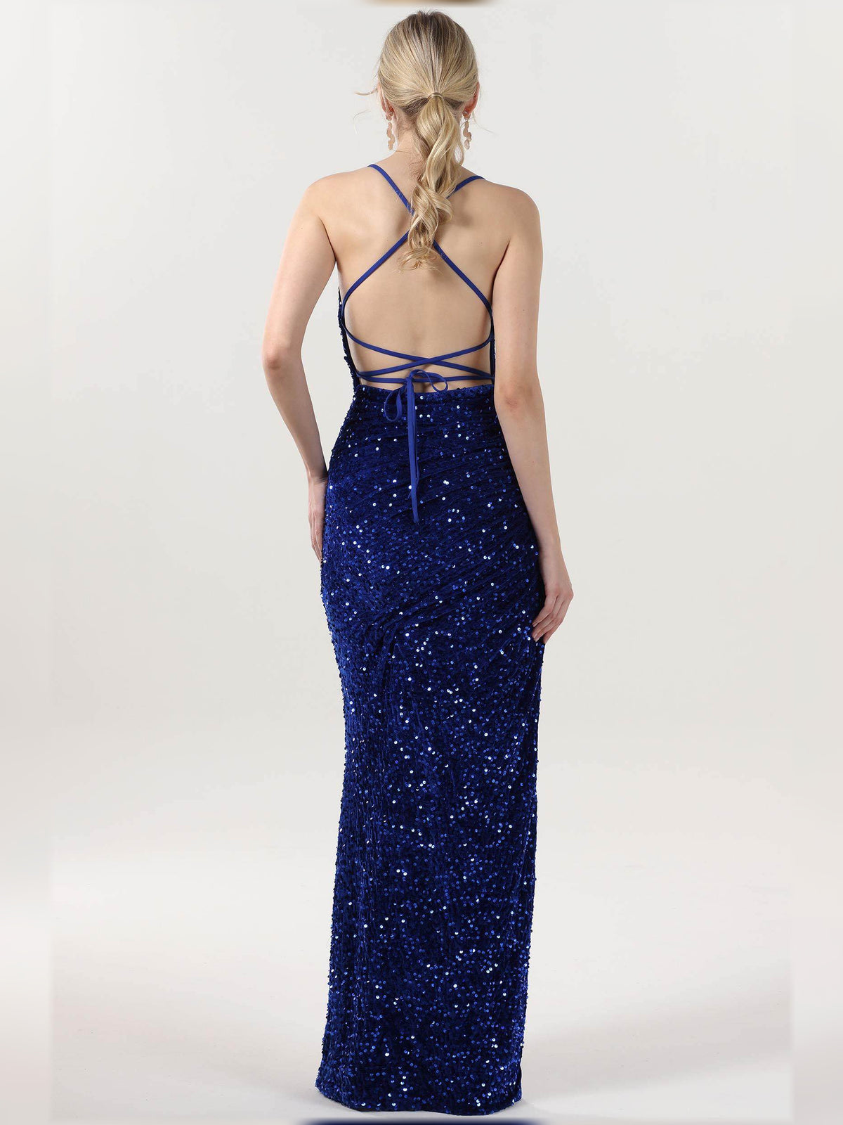 Dark Blue sheath floor-length formal dress with skirt slit, alternate view