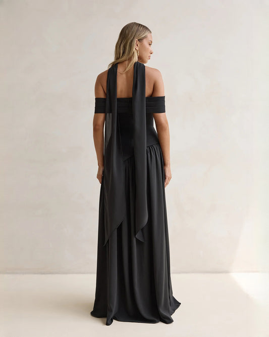 off-shoulder satin a-line maxi bridesmaid dress - image 2