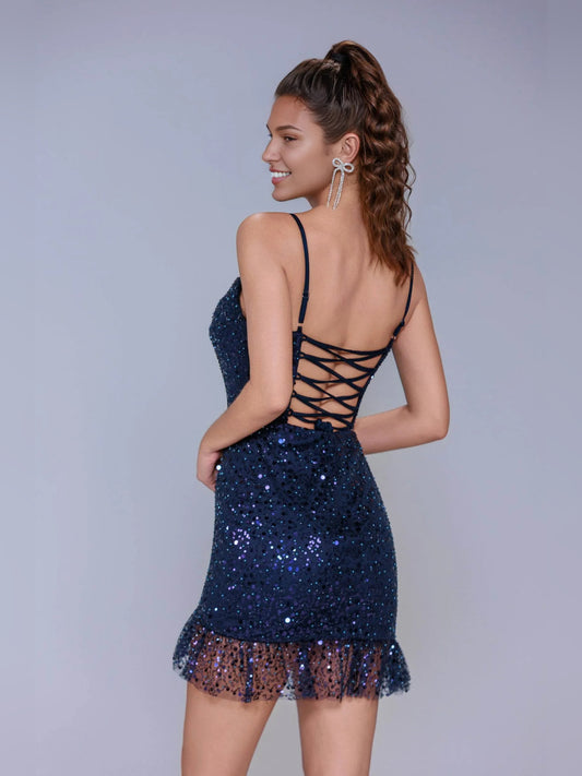 Navy Blue short homecoming dress, back view showing the rear of the dress