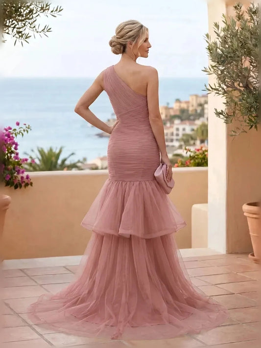 Pink floor-length mother of the bride dress, alternate view showing the bodice and skirt