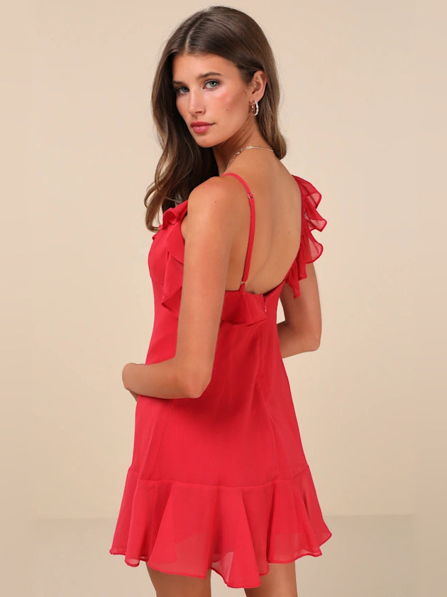 Red mini homecoming dress, alternate view showing the bodice and skirt
