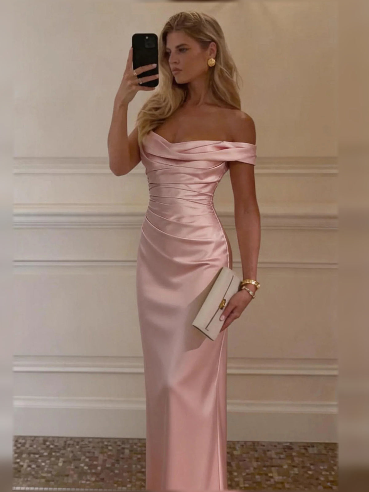 Blush Pink sheath floor-length formal dress with draping, alternate view
