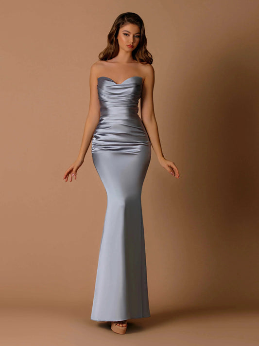 Dusty Blue floor length bridesmaid dress, alternate view showing the bodice and skirt