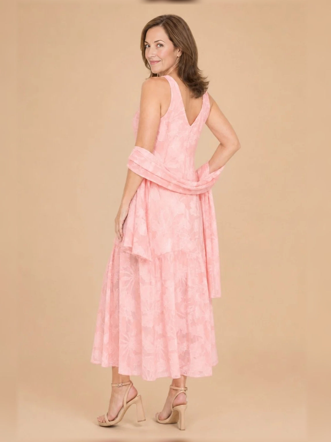 Pearl Pink midi mother of the bride dress, alternate view showing the bodice and skirt