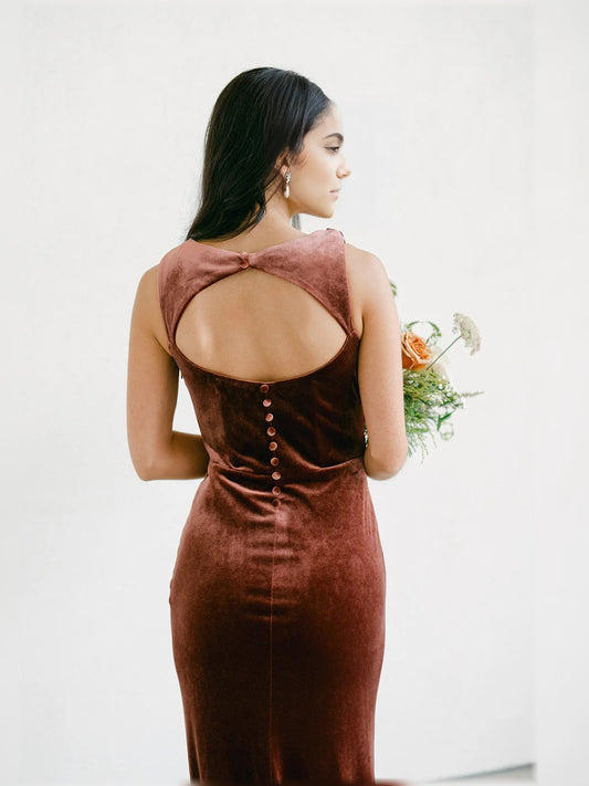 Terracotta floor-length bridesmaid dress, alternate view showing the bodice and skirt