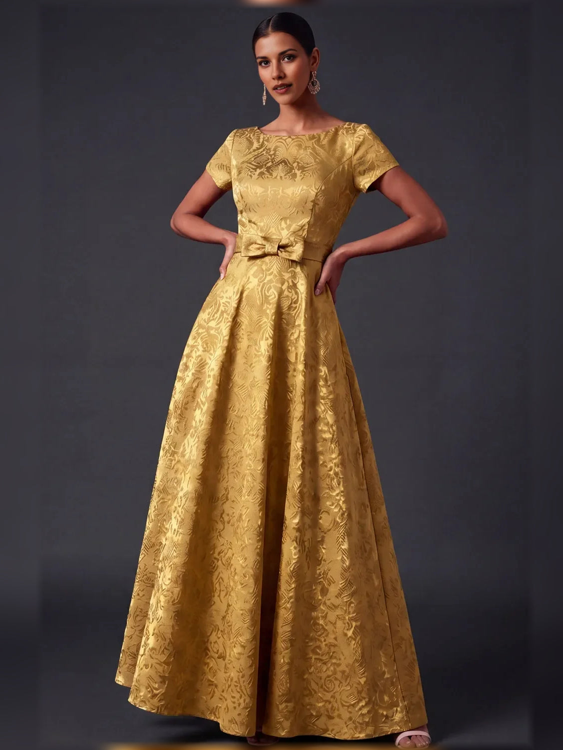 Gold short mother of the bride dress, alternate view showing the bodice and skirt