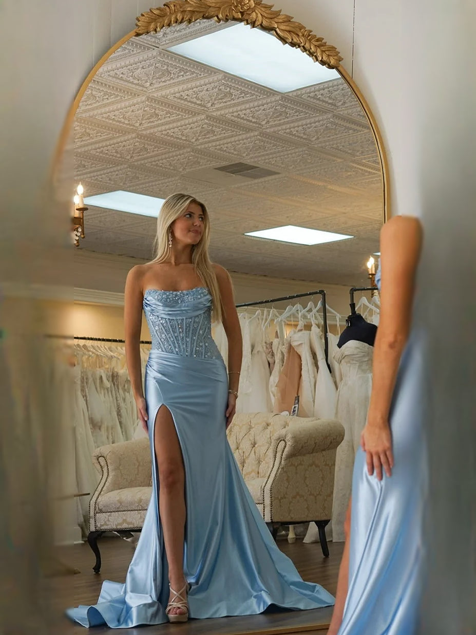 Light Blue floor-length prom dress, alternate view showing the bodice and skirt
