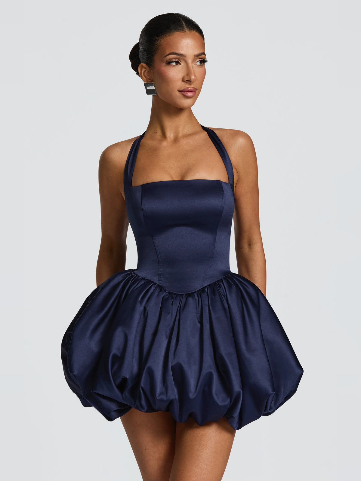 Navy mini homecoming dress, alternate view showing the bodice and skirt
