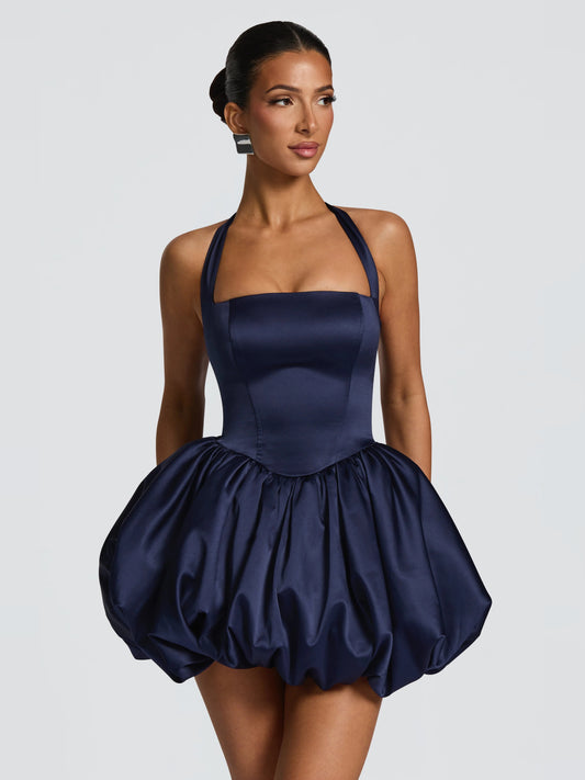 Navy mini homecoming dress, alternate view showing the bodice and skirt