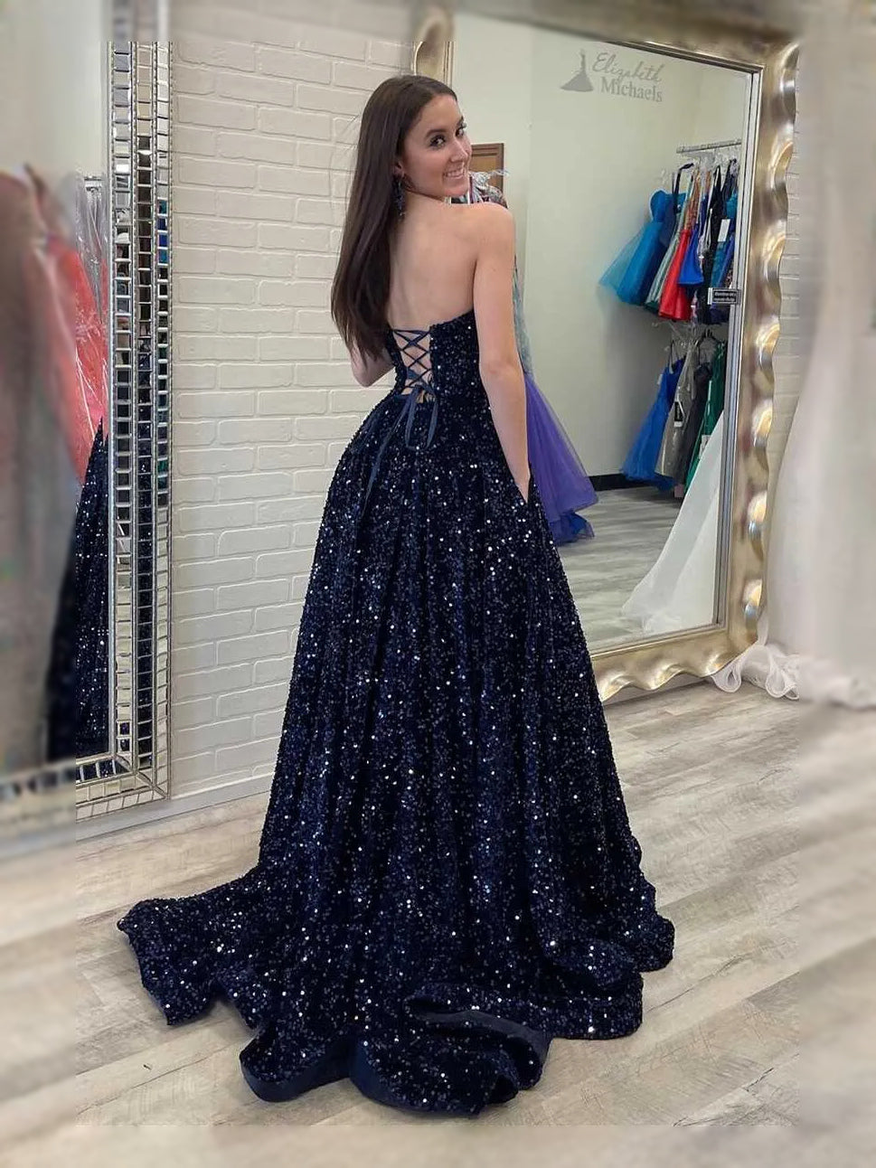 Navy Blue maxi prom dress, back view showing the rear of the dress