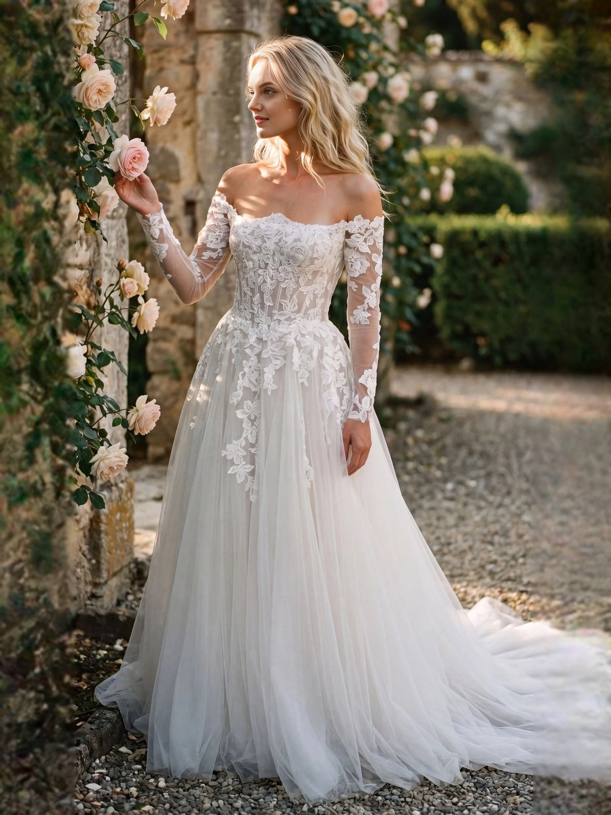 Ivory floor-length wedding dress, alternate view showing the bodice and skirt