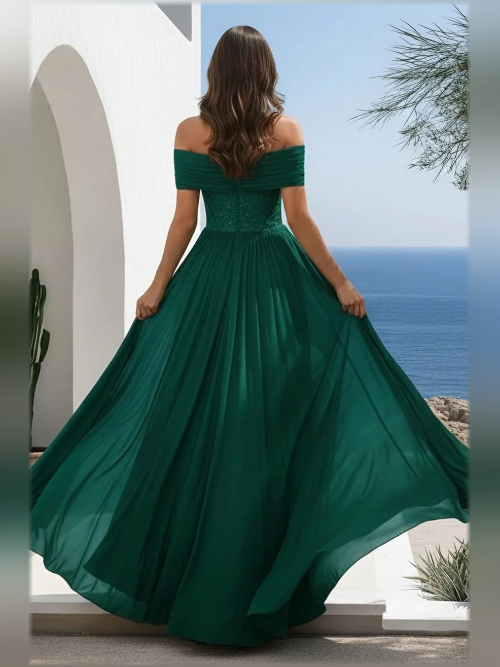 Dark Green a-line floor-length formal dress with floral print, alternate view