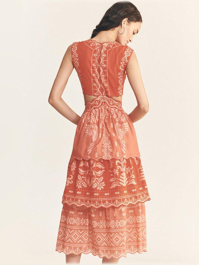 Orange midi formal dress with ruffle details, alternate view