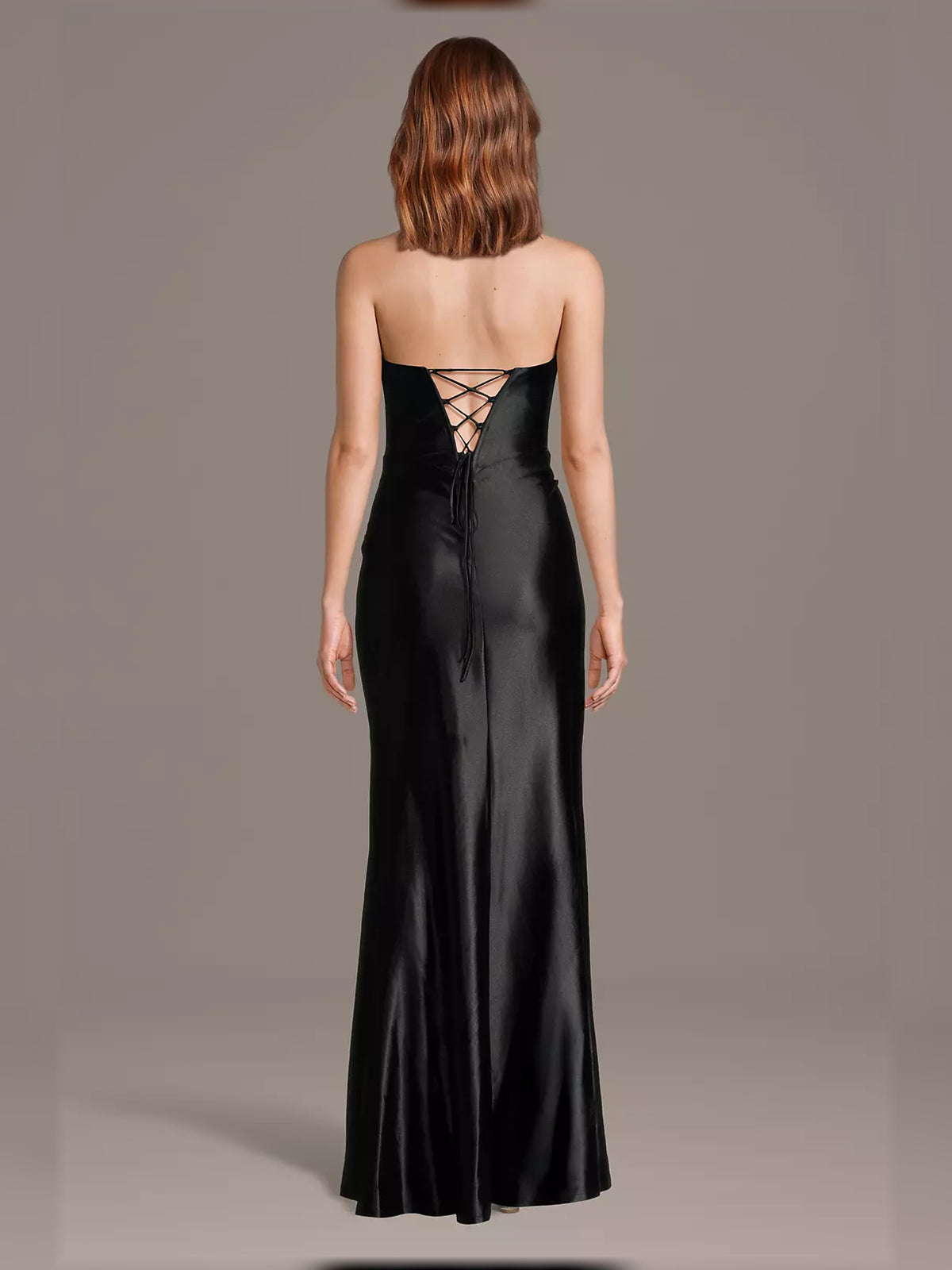 Black mermaid floor-length formal dress with draping, alternate view