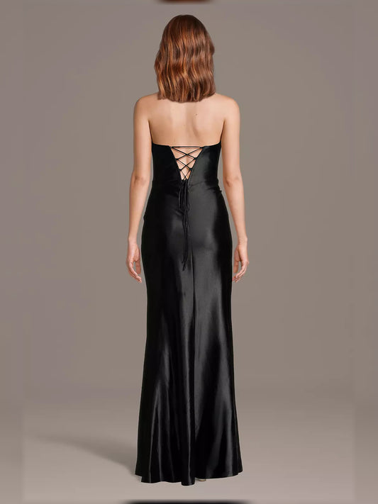 Black mermaid floor-length formal dress with draping, alternate view
