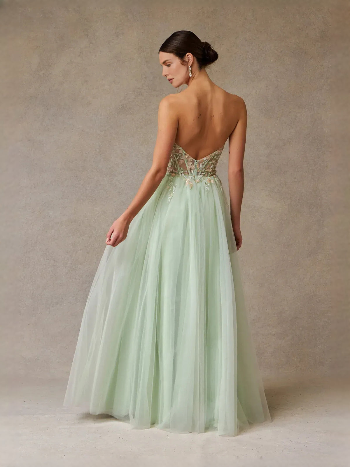 Celadon floor-length prom dress, alternate view showing the bodice and skirt