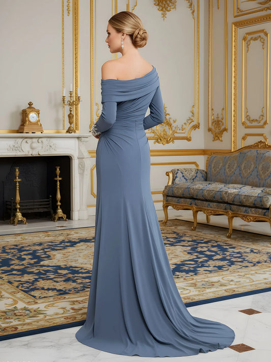 Slate Blue maxi mother of the bride dress, alternate view showing the bodice and skirt