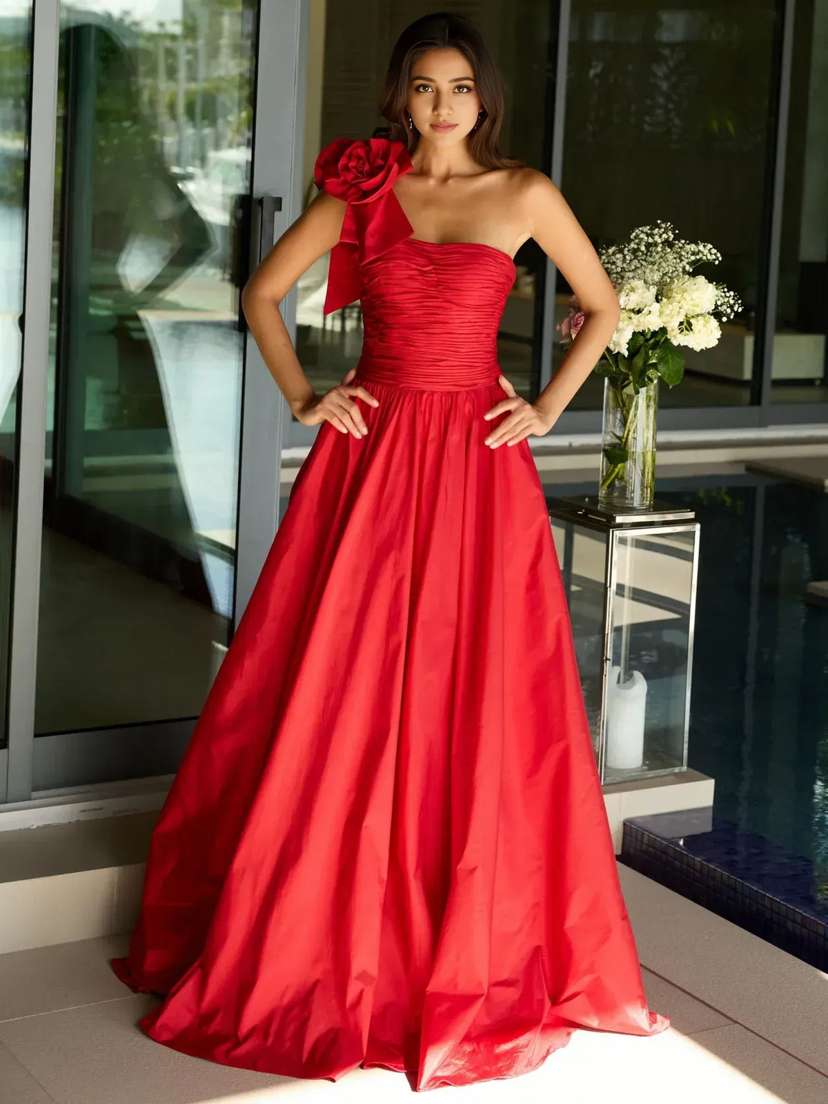 Crimson Red maxi prom dress, alternate view showing the bodice and skirt