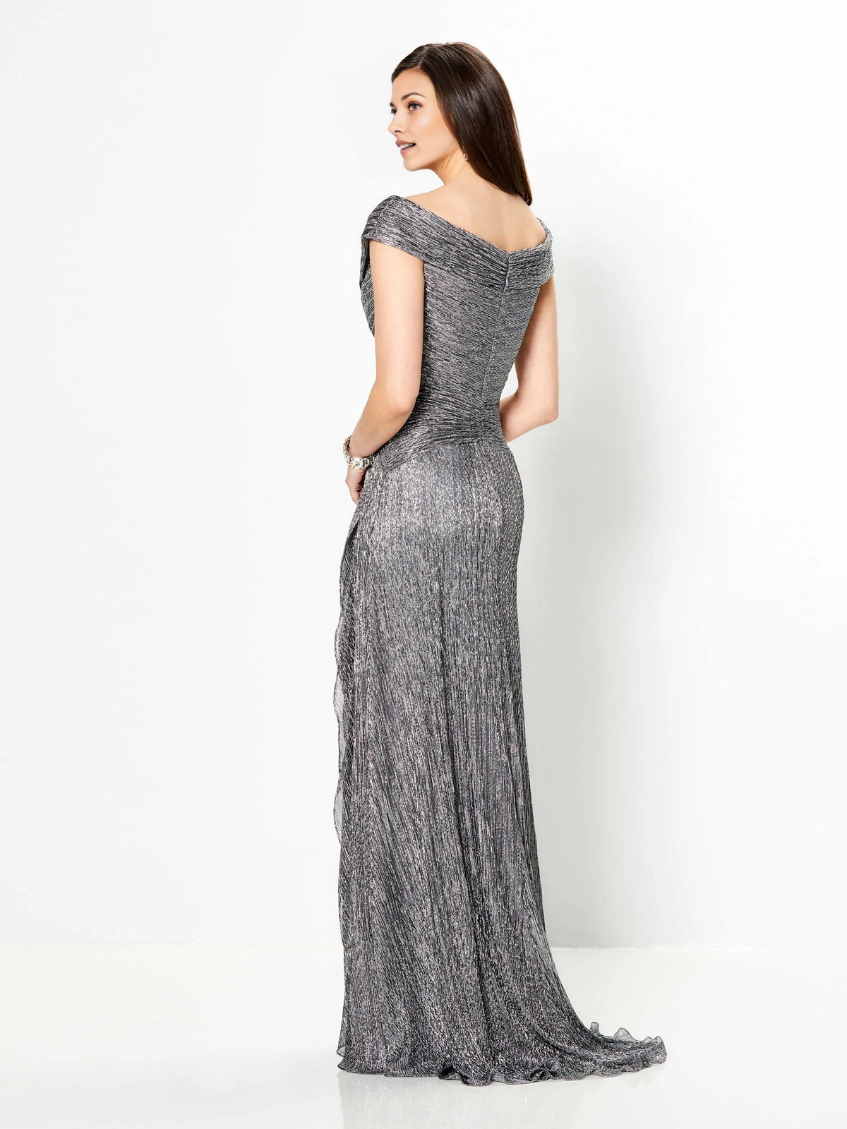 Charcoal a-line floor-length formal dress with corset-style bodice, alternate view
