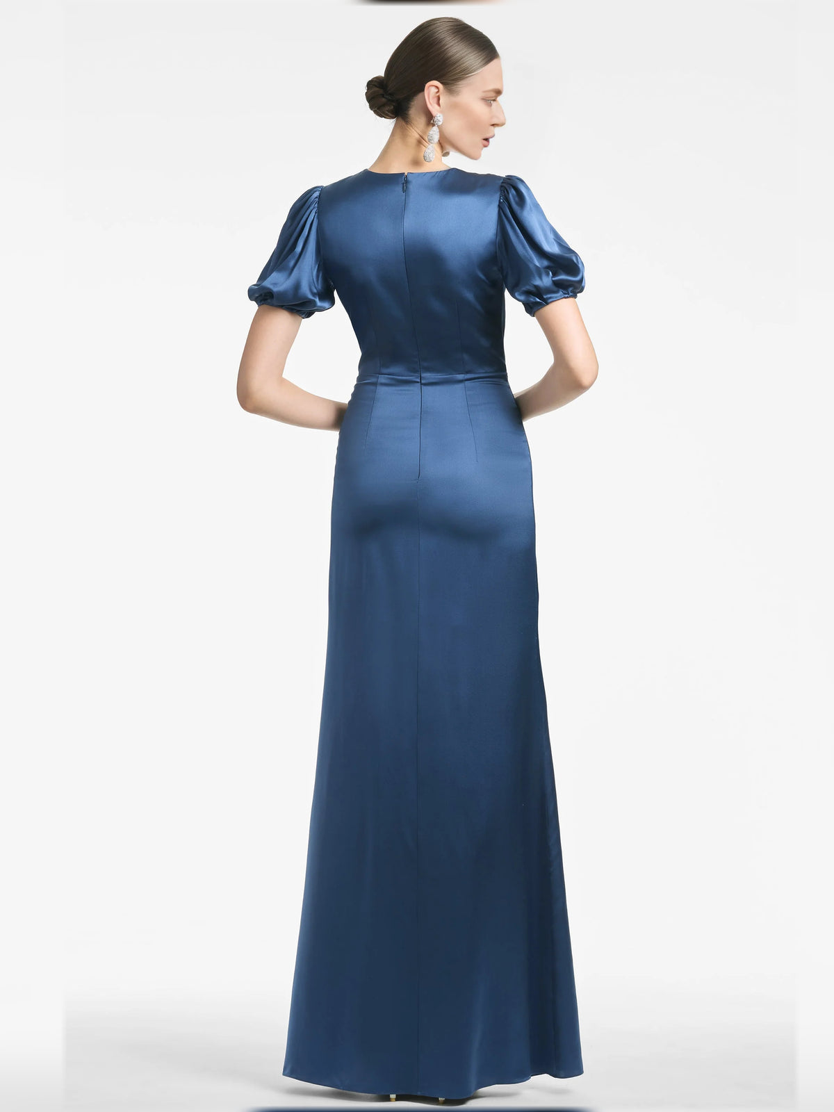 Green sheath maxi formal dress with ruffle details, alternate view