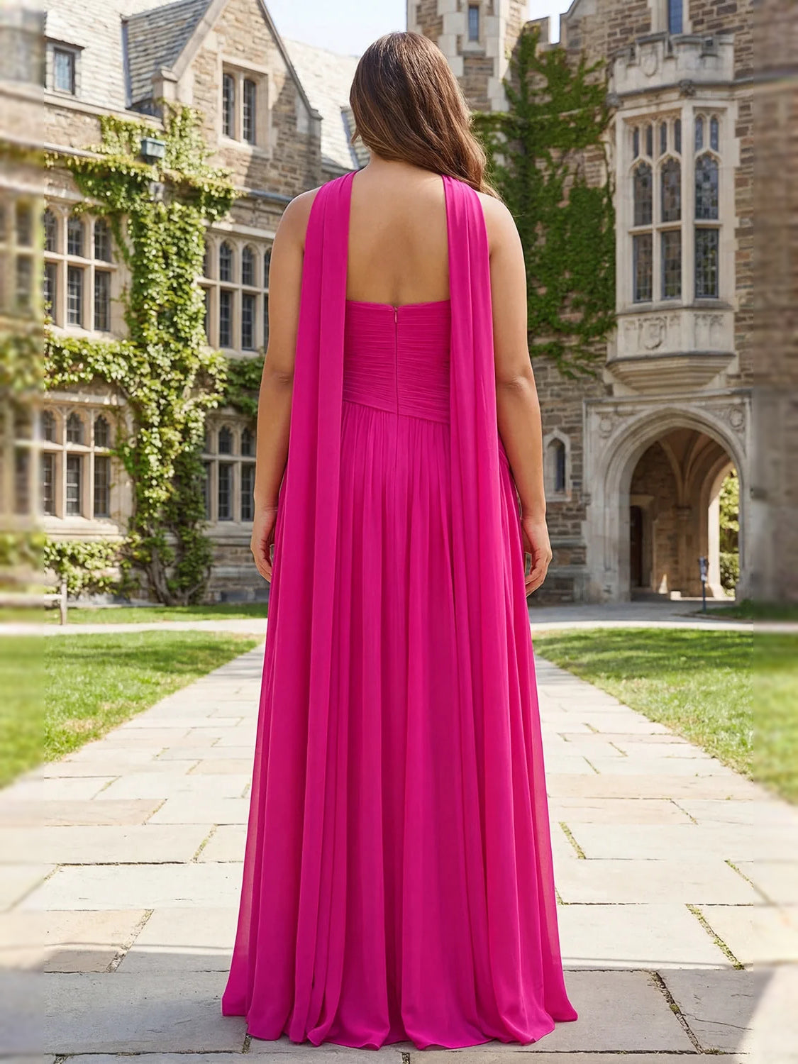 Fuchsia maxi prom dress, alternate view showing the bodice and skirt