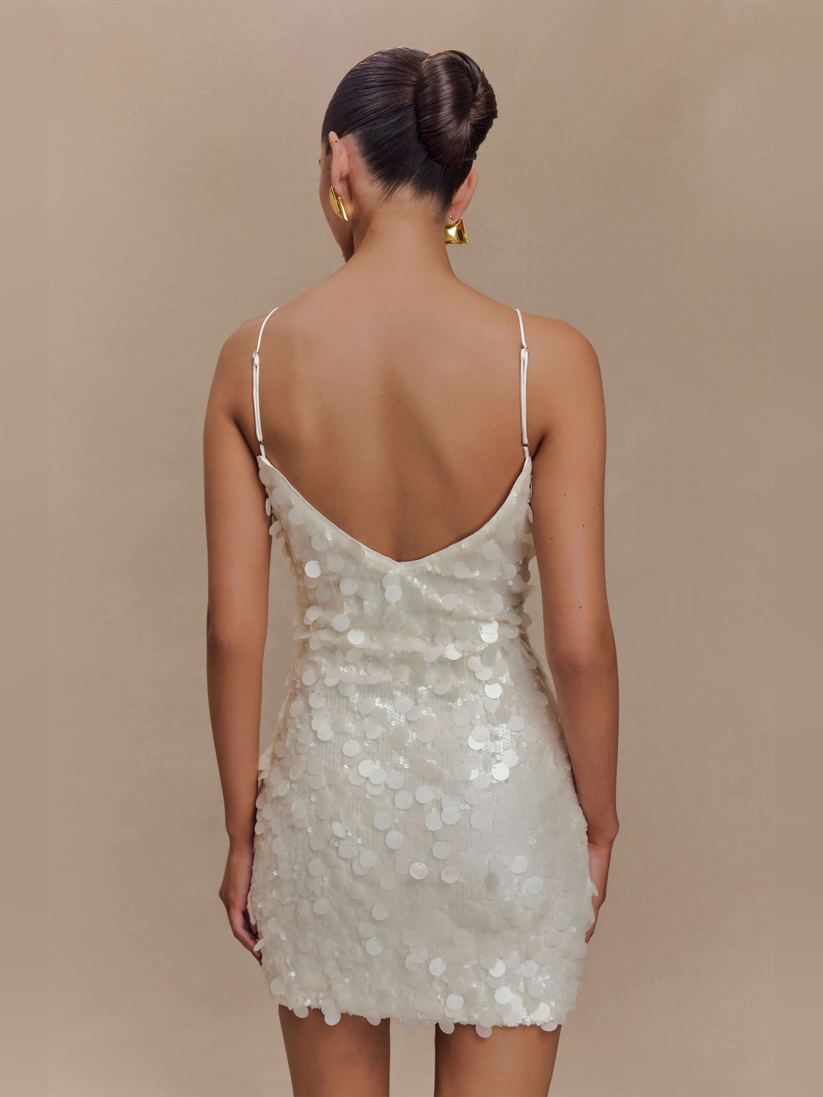 Ivory mini homecoming dress, alternate view showing the bodice and skirt