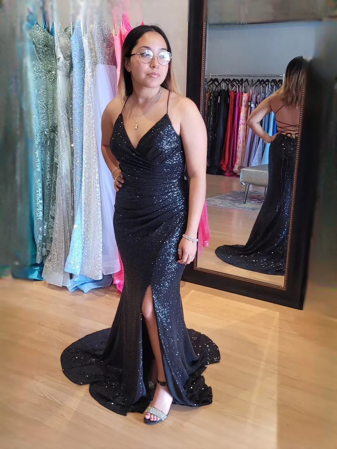 Black maxi prom dress, alternate view showing the bodice and skirt