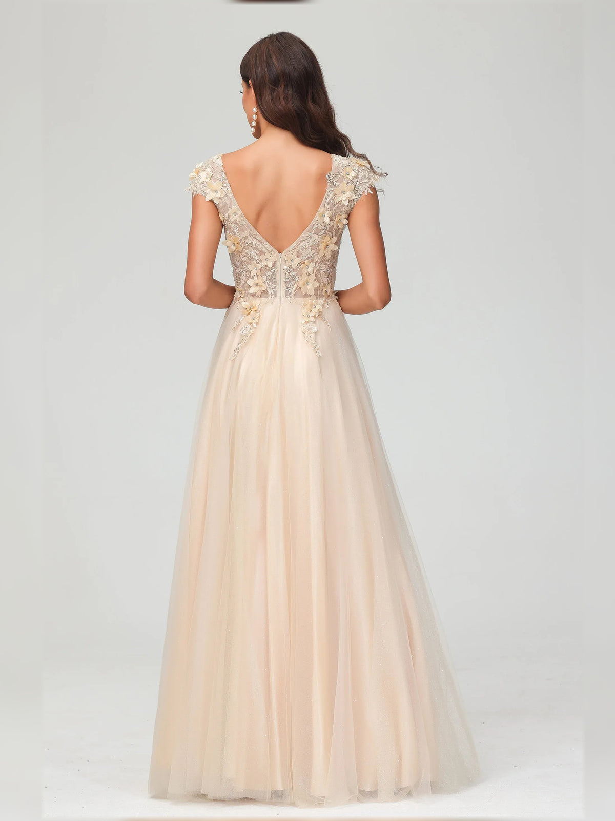 Champagne a-line floor-length formal dress with floral appliqué, alternate view