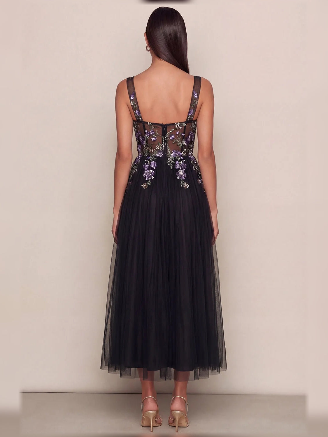 Black a-line midi formal dress with pleated skirt, alternate view