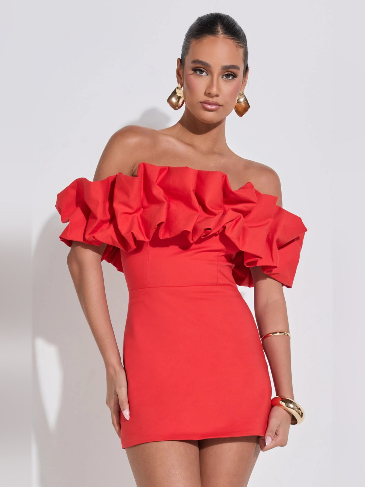 Red mini homecoming dress, alternate view showing the bodice and skirt