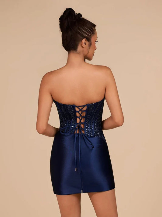 Navy Blue mini homecoming dress, back view showing the rear of the dress