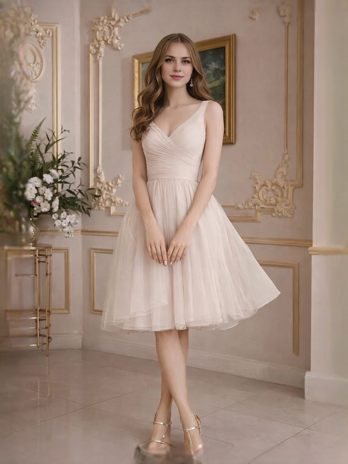 Blush Pink knee-length prom dress, alternate view showing the bodice and skirt