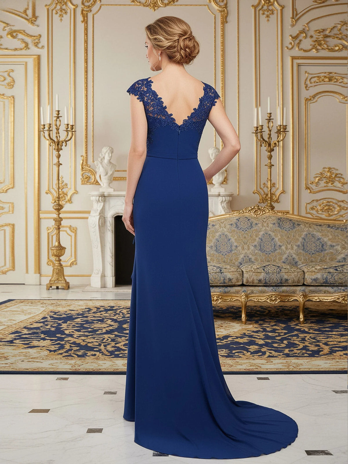 Dark Navy mermaid floor-length formal dress with skirt slit, alternate view