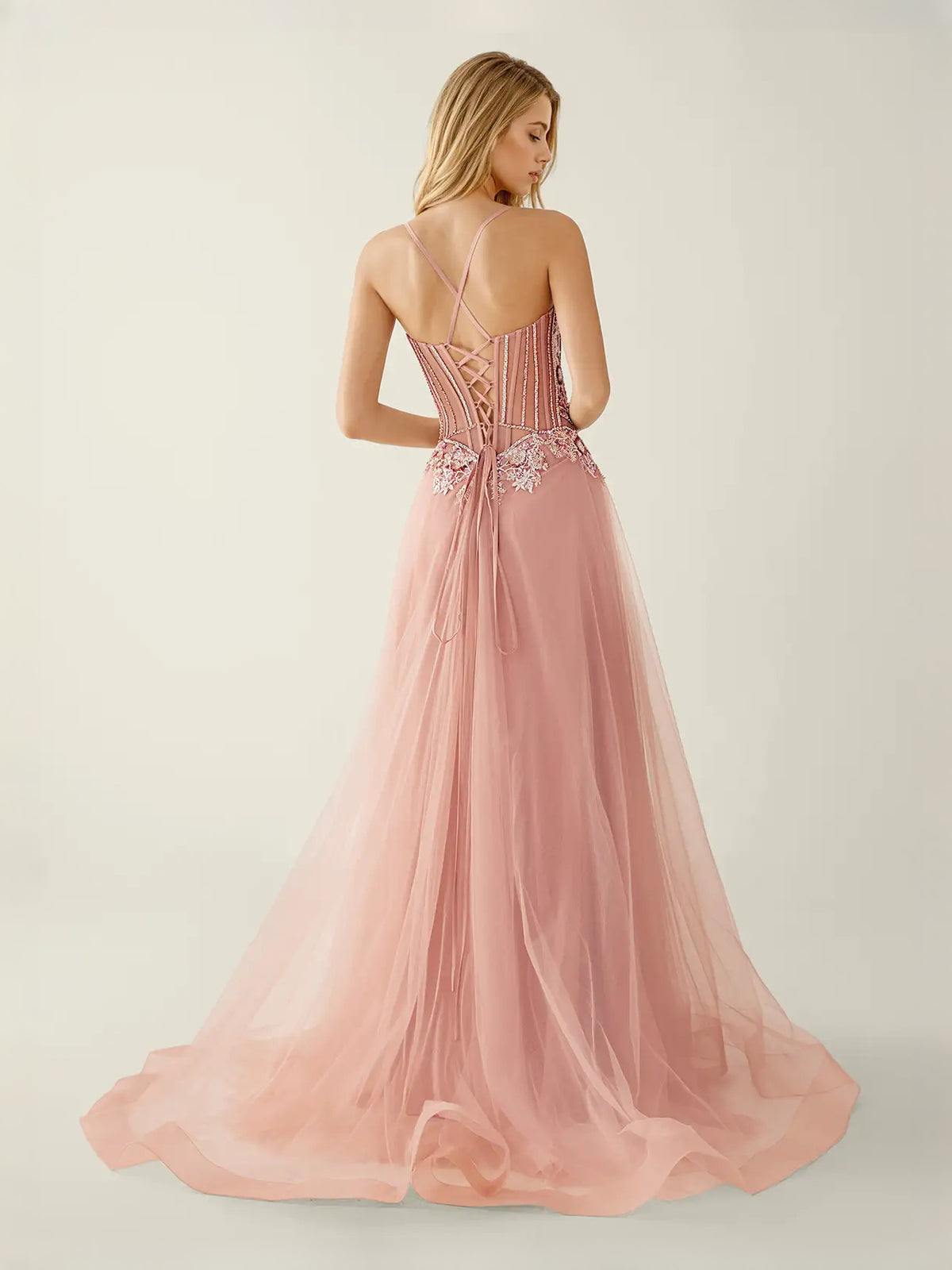 Navy Blue floor-length prom dress, back view showing the rear of the dress