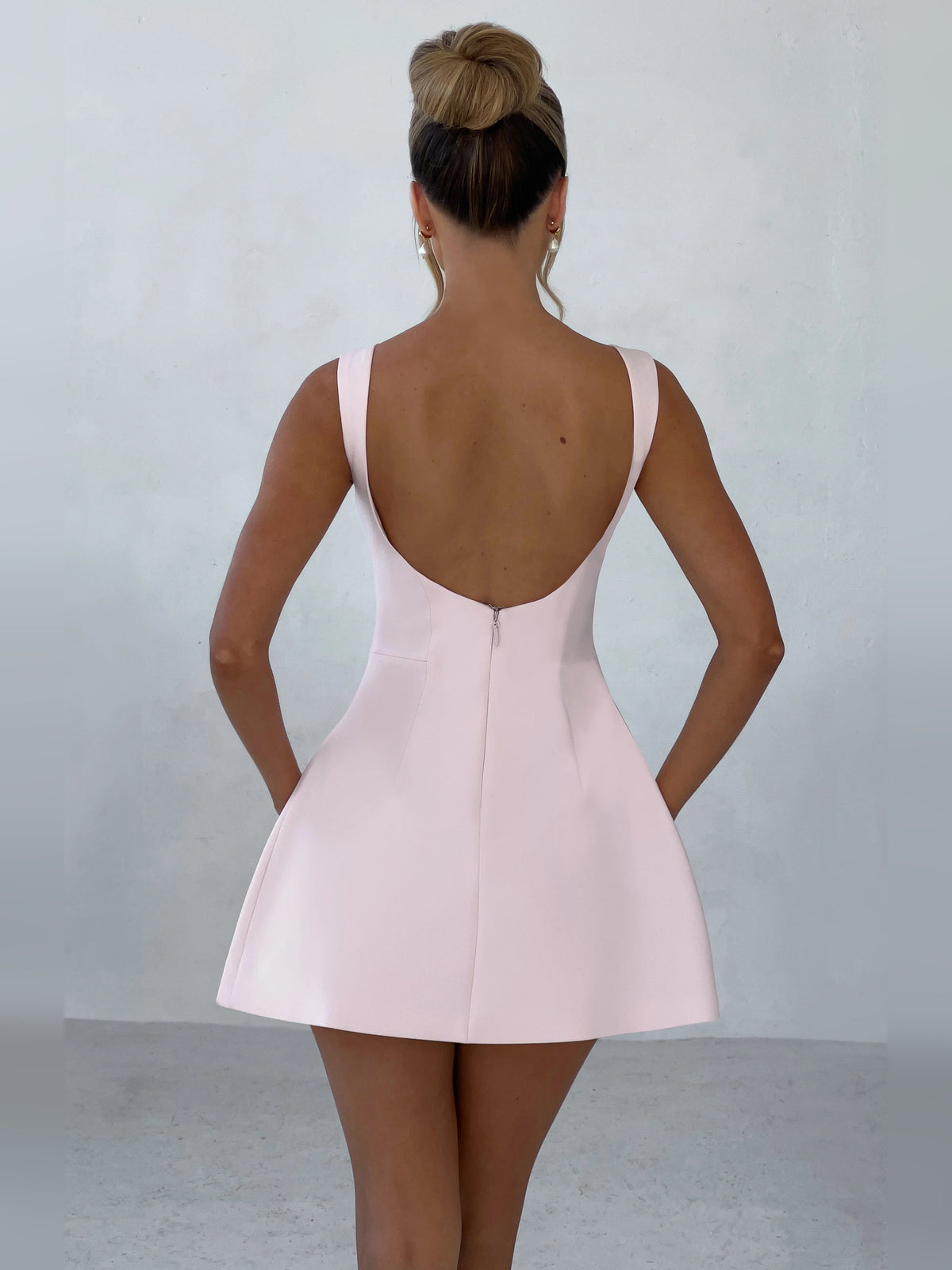 Blush mini homecoming dress, alternate view showing the bodice and skirt