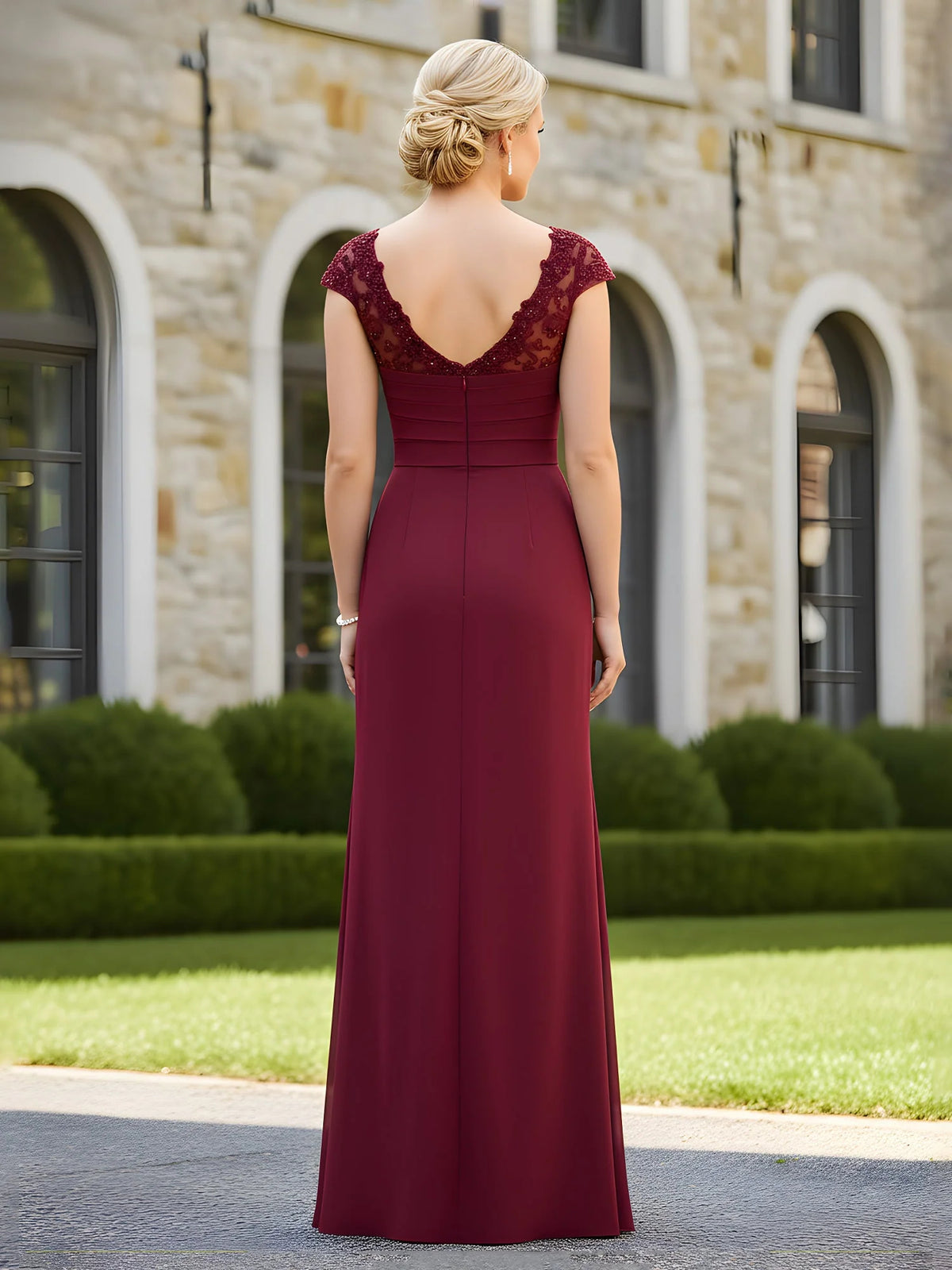 Burgundy floor-length mother of the bride dress, alternate view showing the bodice and skirt
