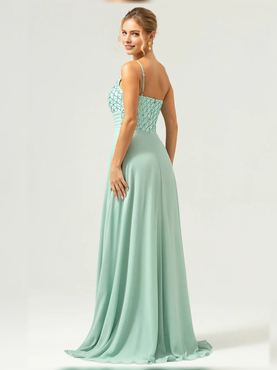 Mint Green a-line floor-length formal dress with beading, alternate view