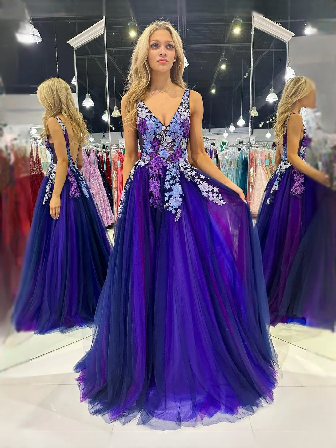 Purple maxi prom dress, back view showing the rear of the dress